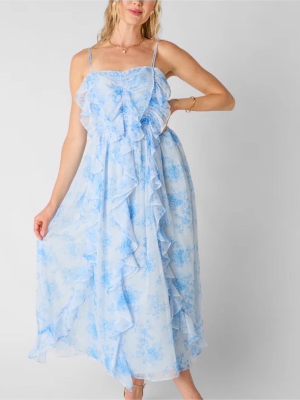 Storia Light Blue Ruffle Maxi Dress with Spaghetti Straps